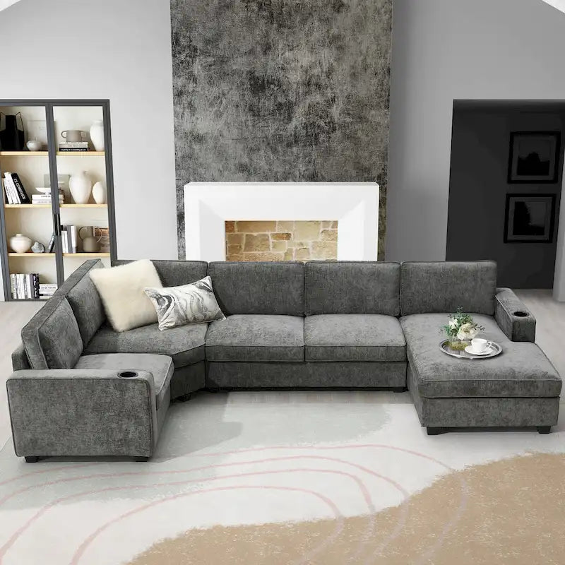 U Shaped Sectional Sofa, Chenille Corner Couch Set with Cup Holders