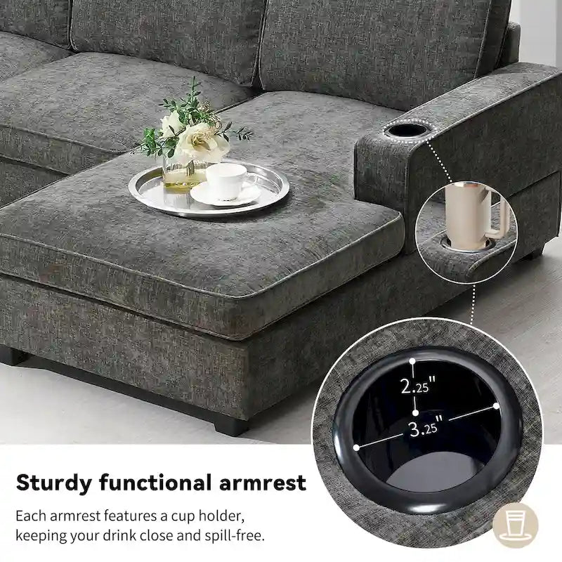 U Shaped Sectional Sofa, Chenille Corner Couch Set with Cup Holders