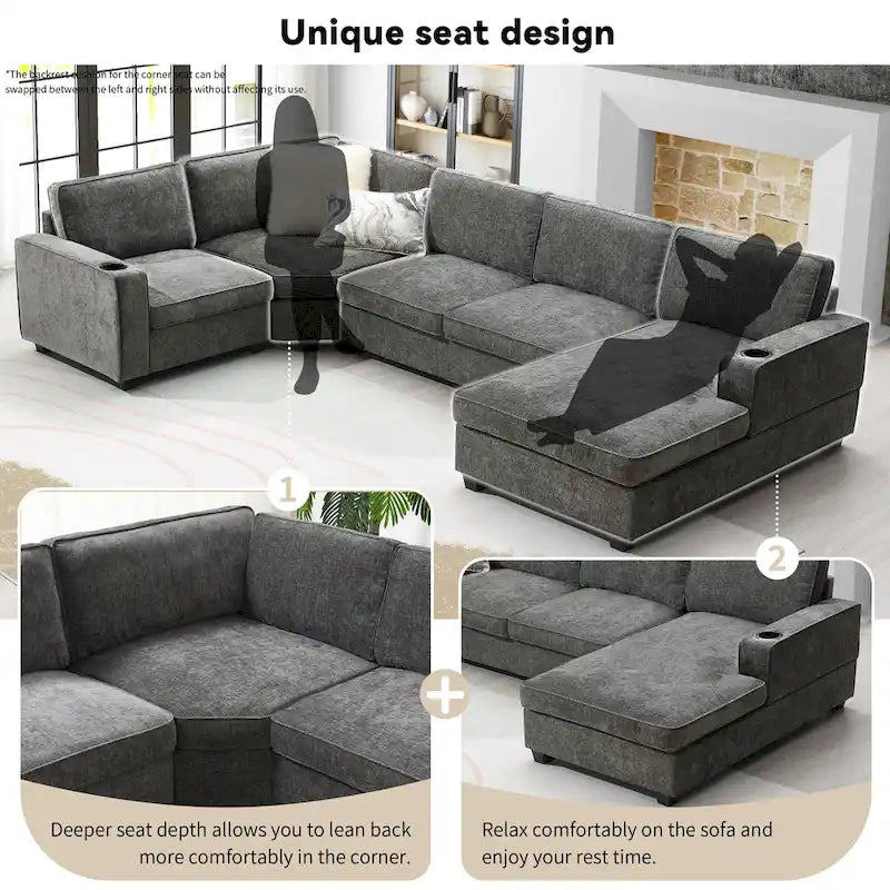 U Shaped Sectional Sofa, Chenille Corner Couch Set with Cup Holders