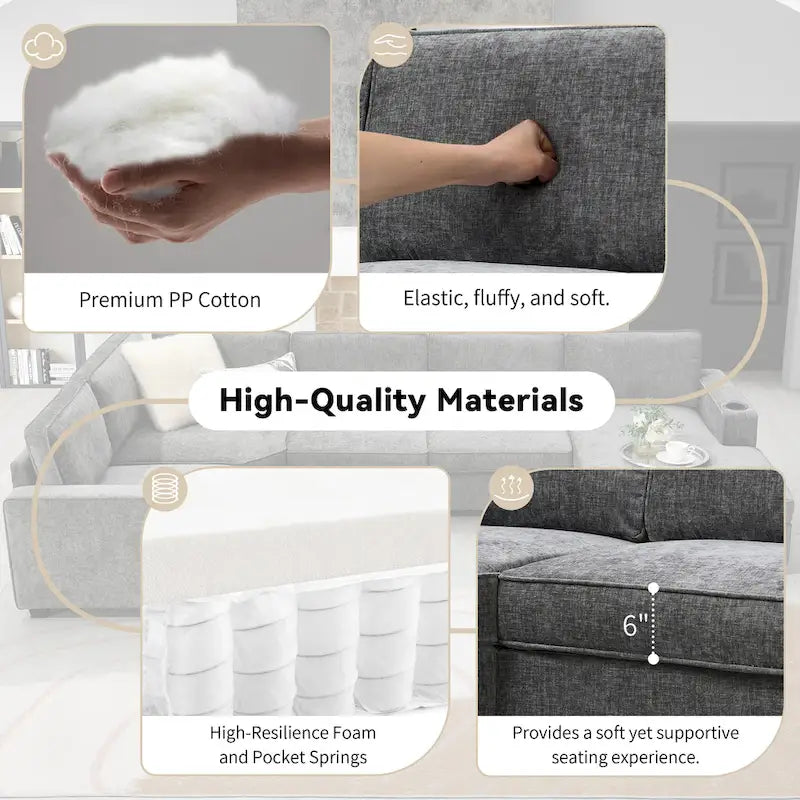 U Shaped Sectional Sofa, Chenille Corner Couch Set with Cup Holders