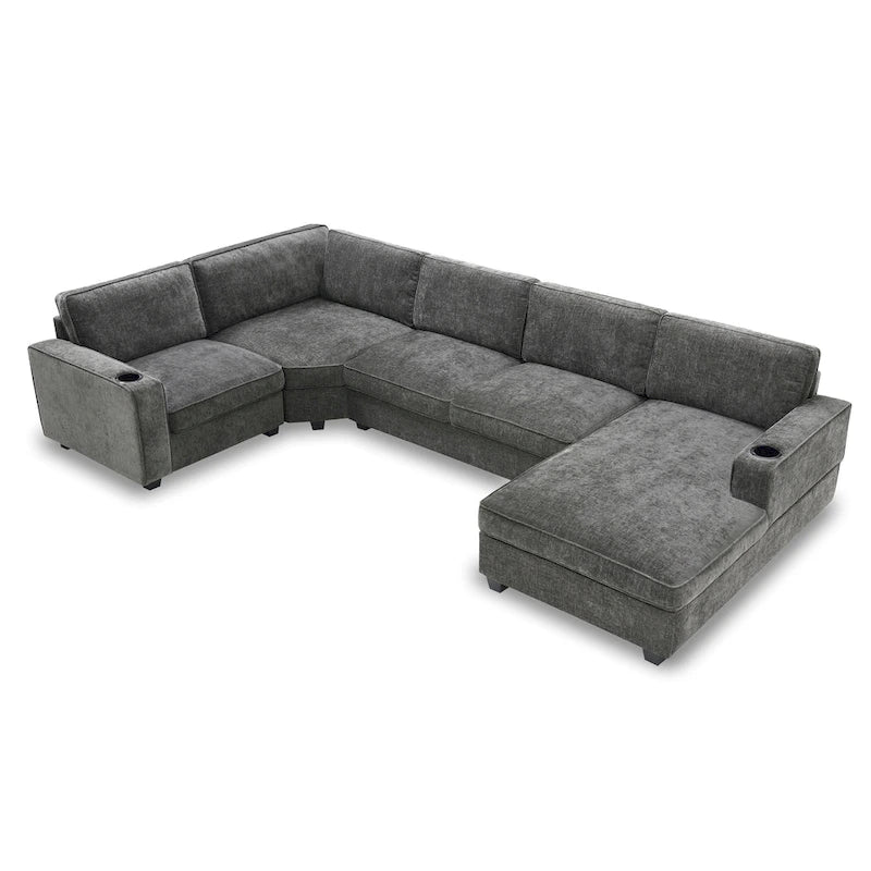 U Shaped Sectional Sofa, Chenille Corner Couch Set with Cup Holders
