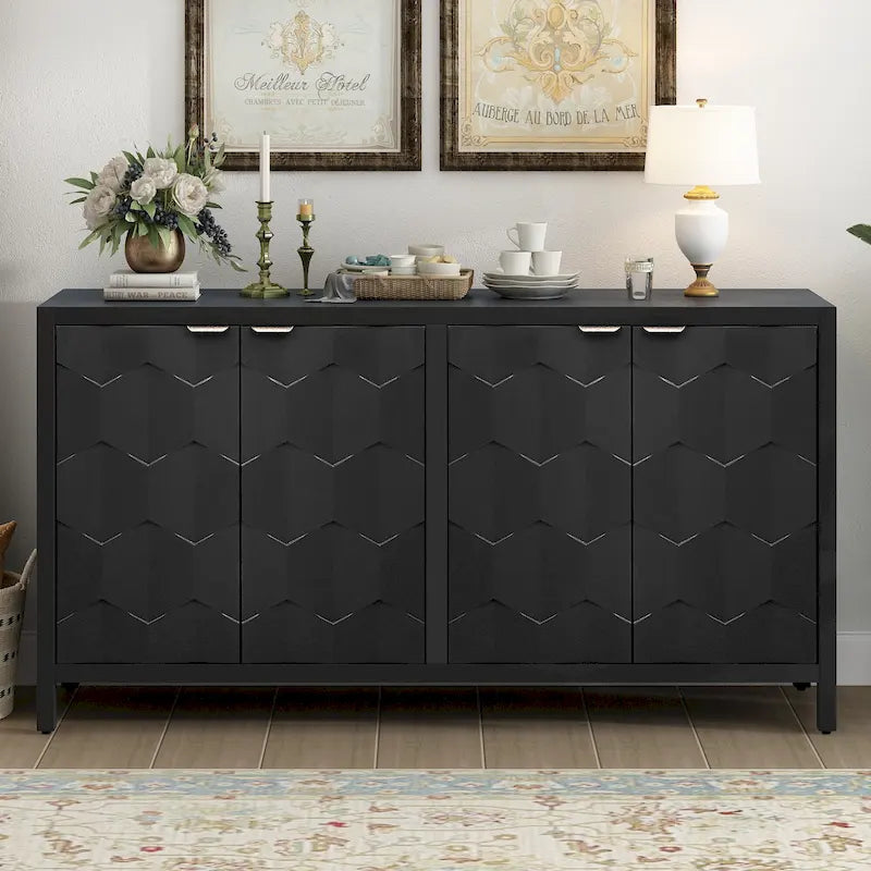 4-Door Sideboard with Honeycomb Patterned Doors, Painted Finish Storage Cabinet with Vintage Metal Handles for Study
