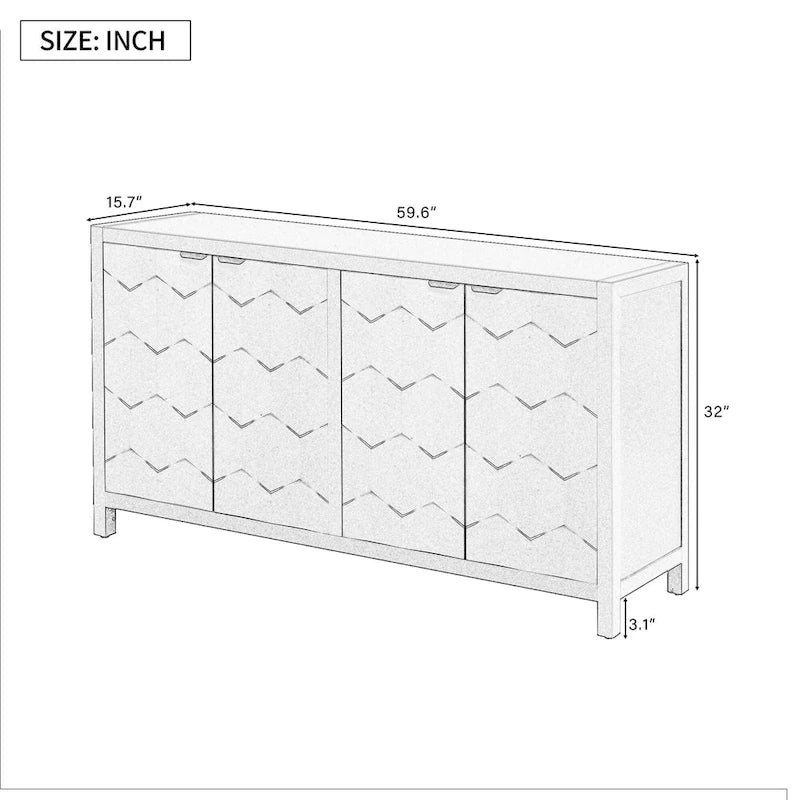4-Door Sideboard with Honeycomb Patterned Doors, Painted Finish Storage Cabinet with Vintage Metal Handles for Study