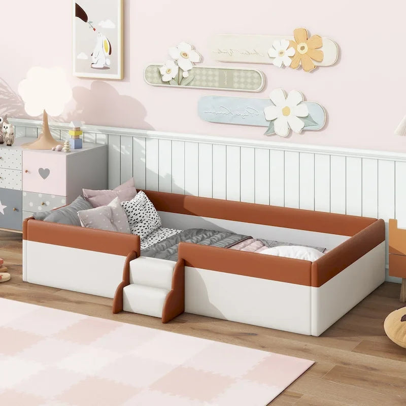 Kids Floor Bed with Fence, PU Upholstered Daybed Frame, Wood Slat Panel Bed w/ Small Stairs for Kids Girls Boys