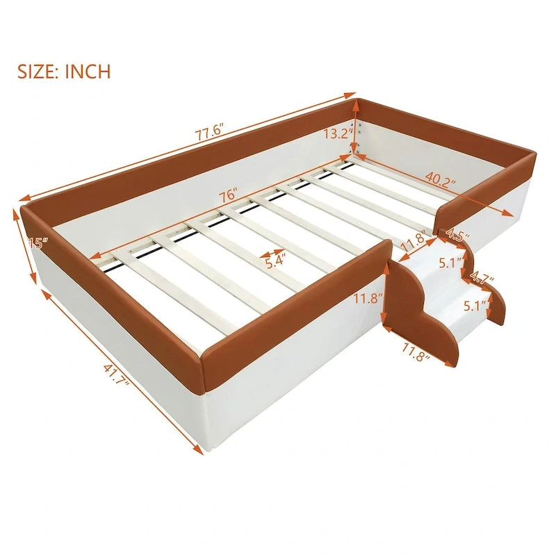 Kids Floor Bed with Fence, PU Upholstered Daybed Frame, Wood Slat Panel Bed w/ Small Stairs for Kids Girls Boys