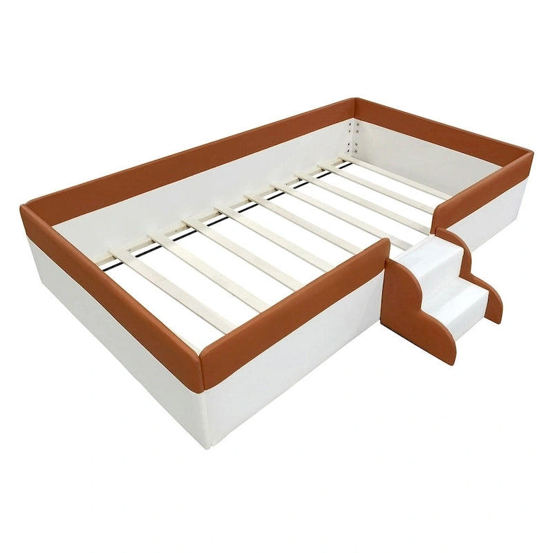 Kids Floor Bed with Fence, PU Upholstered Daybed Frame, Wood Slat Panel Bed w/ Small Stairs for Kids Girls Boys