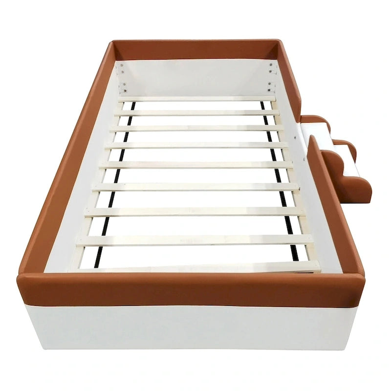 Kids Floor Bed with Fence, PU Upholstered Daybed Frame, Wood Slat Panel Bed w/ Small Stairs for Kids Girls Boys