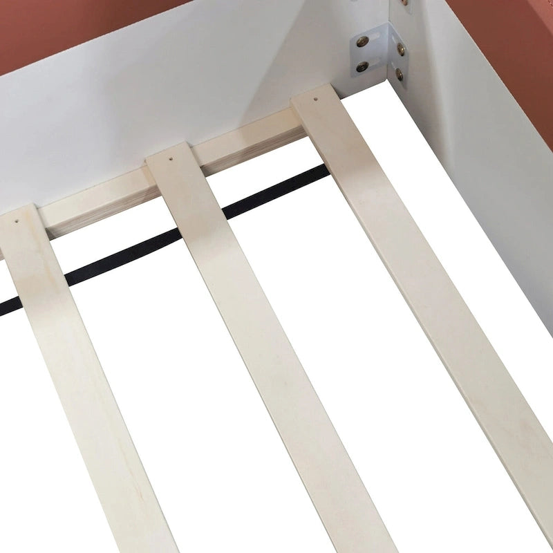 Kids Floor Bed with Fence, PU Upholstered Daybed Frame, Wood Slat Panel Bed w/ Small Stairs for Kids Girls Boys