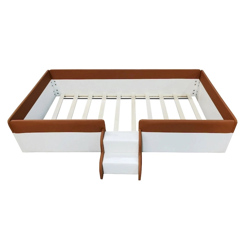Kids Floor Bed with Fence, PU Upholstered Daybed Frame, Wood Slat Panel Bed w/ Small Stairs for Kids Girls Boys