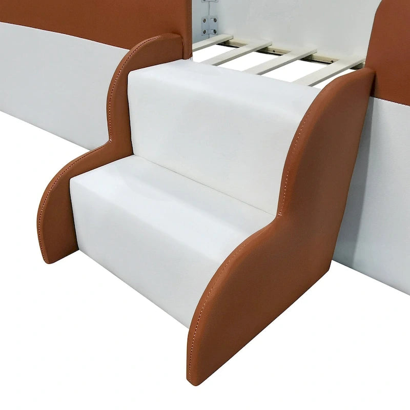 Kids Floor Bed with Fence, PU Upholstered Daybed Frame, Wood Slat Panel Bed w/ Small Stairs for Kids Girls Boys