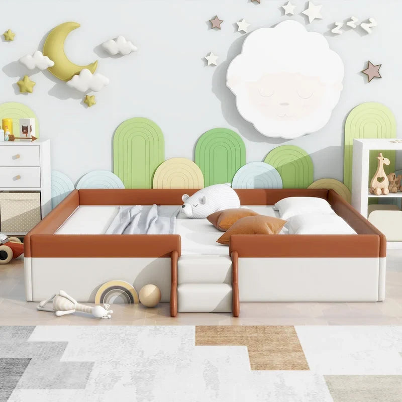 Kids Floor Bed with Fence, PU Upholstered Daybed Frame, Wood Slat Panel Bed w/ Small Stairs for Kids Girls Boys