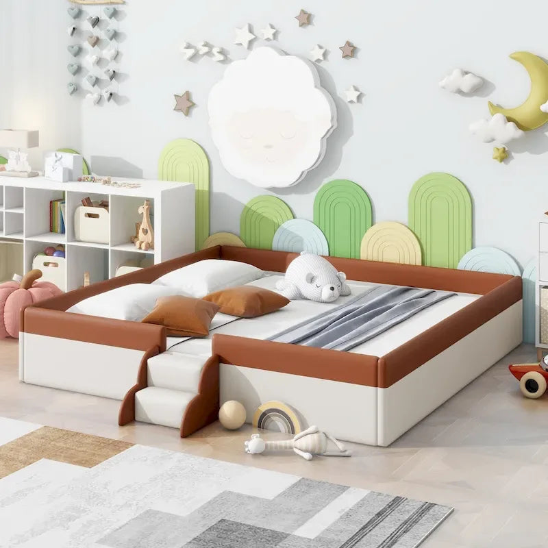 Kids Floor Bed with Fence, PU Upholstered Daybed Frame, Wood Slat Panel Bed w/ Small Stairs for Kids Girls Boys