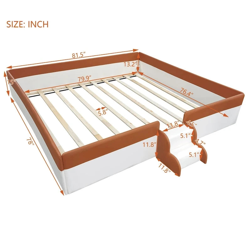 Kids Floor Bed with Fence, PU Upholstered Daybed Frame, Wood Slat Panel Bed w/ Small Stairs for Kids Girls Boys