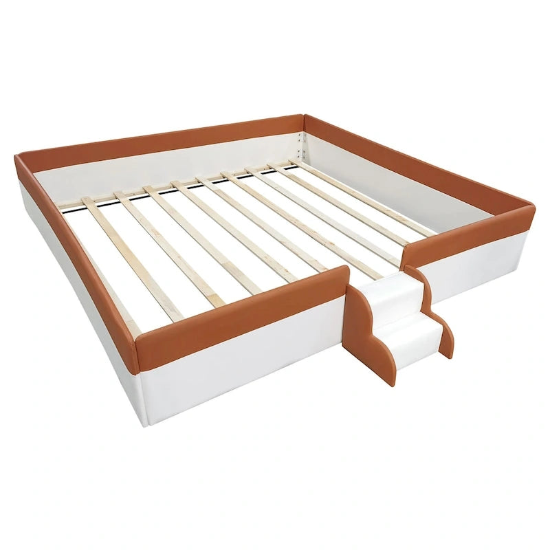 Kids Floor Bed with Fence, PU Upholstered Daybed Frame, Wood Slat Panel Bed w/ Small Stairs for Kids Girls Boys