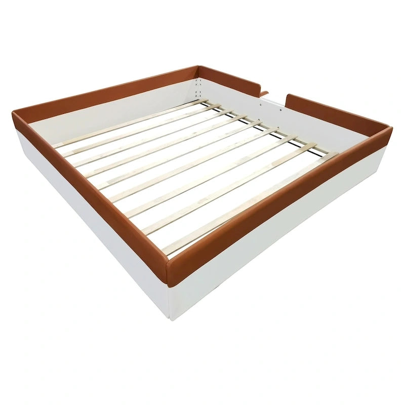 Kids Floor Bed with Fence, PU Upholstered Daybed Frame, Wood Slat Panel Bed w/ Small Stairs for Kids Girls Boys