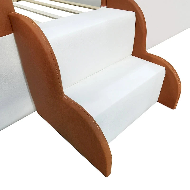 Kids Floor Bed with Fence, PU Upholstered Daybed Frame, Wood Slat Panel Bed w/ Small Stairs for Kids Girls Boys