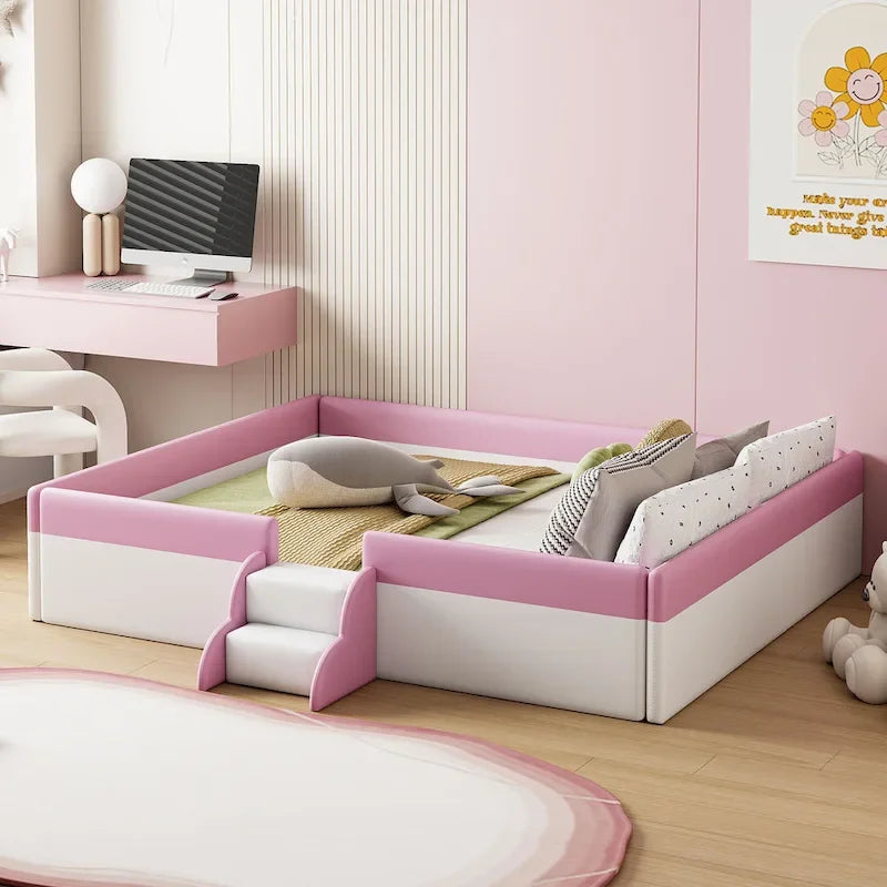 Kids Floor Bed with Fence, PU Upholstered Daybed Frame, Wood Slat Panel Bed w/ Small Stairs for Kids Girls Boys