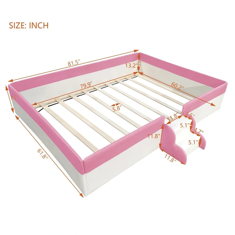 Kids Floor Bed with Fence, PU Upholstered Daybed Frame, Wood Slat Panel Bed w/ Small Stairs for Kids Girls Boys
