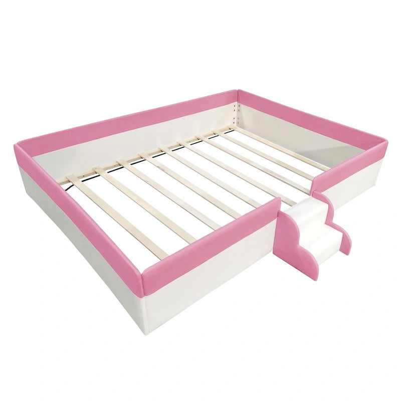 Kids Floor Bed with Fence, PU Upholstered Daybed Frame, Wood Slat Panel Bed w/ Small Stairs for Kids Girls Boys
