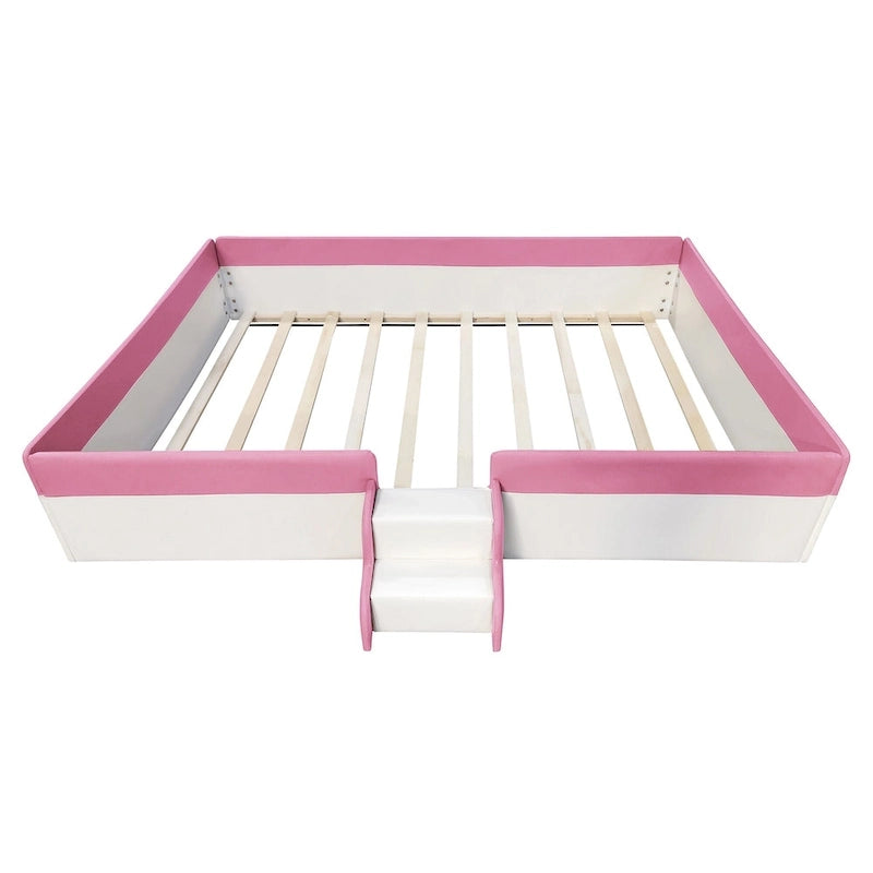 Kids Floor Bed with Fence, PU Upholstered Daybed Frame, Wood Slat Panel Bed w/ Small Stairs for Kids Girls Boys