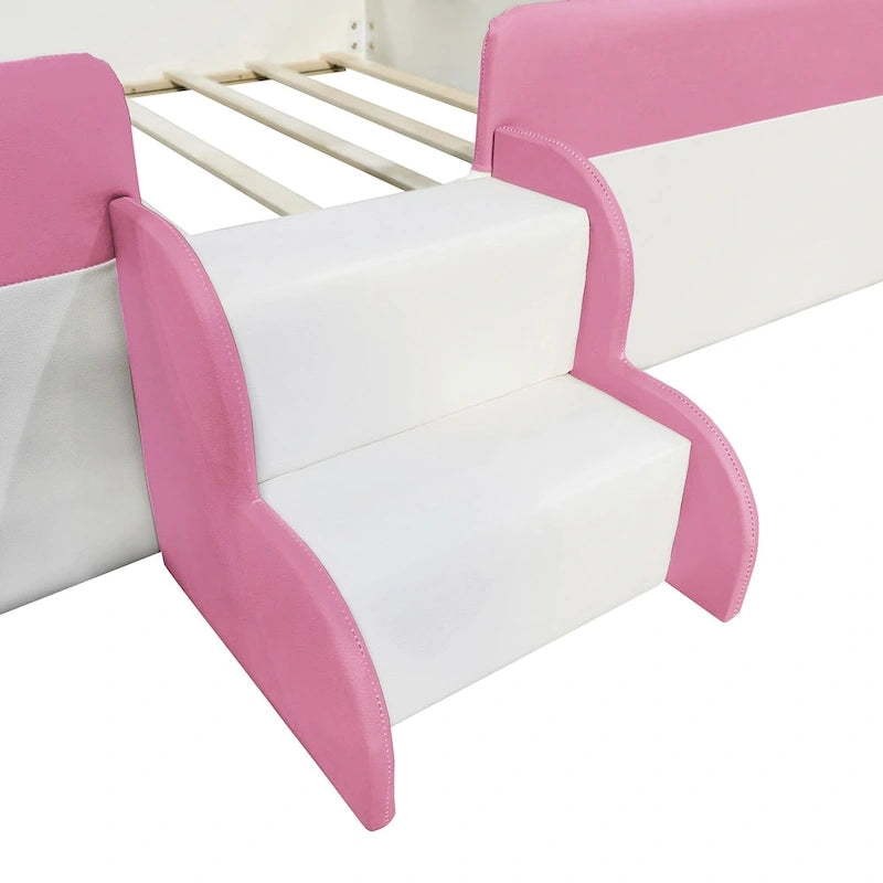 Kids Floor Bed with Fence, PU Upholstered Daybed Frame, Wood Slat Panel Bed w/ Small Stairs for Kids Girls Boys