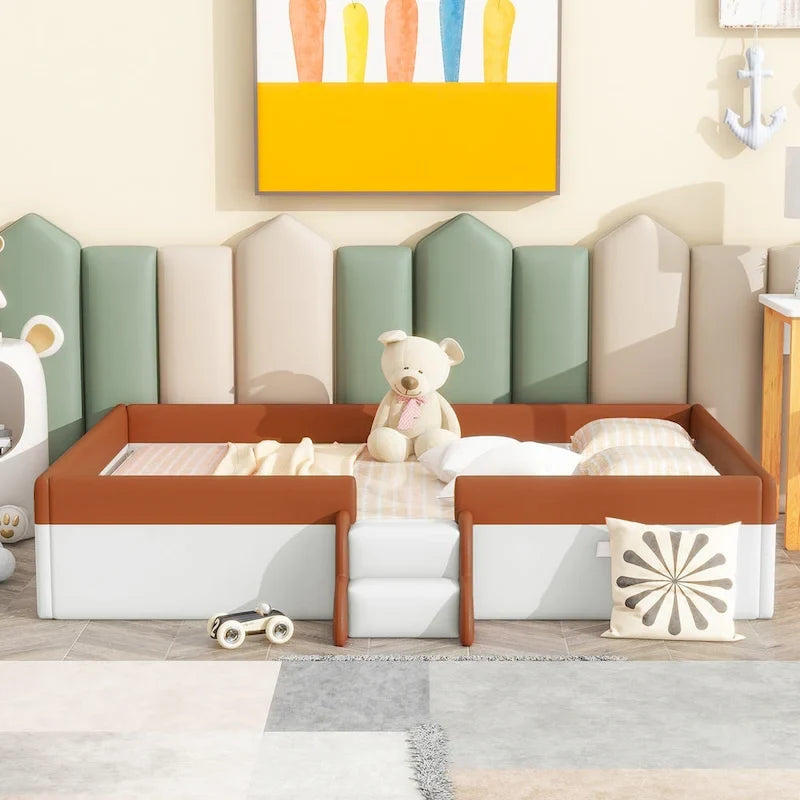 Kids Floor Bed with Fence, PU Upholstered Daybed Frame, Wood Slat Panel Bed w/ Small Stairs for Kids Girls Boys