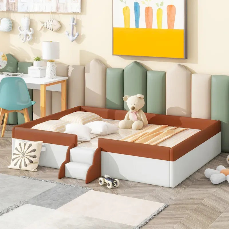 Kids Floor Bed with Fence, PU Upholstered Daybed Frame, Wood Slat Panel Bed w/ Small Stairs for Kids Girls Boys