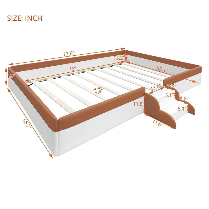Kids Floor Bed with Fence, PU Upholstered Daybed Frame, Wood Slat Panel Bed w/ Small Stairs for Kids Girls Boys