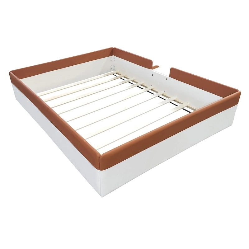 Kids Floor Bed with Fence, PU Upholstered Daybed Frame, Wood Slat Panel Bed w/ Small Stairs for Kids Girls Boys