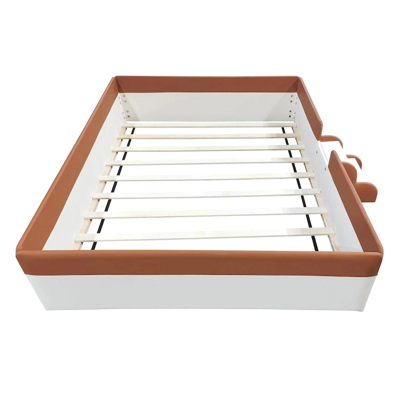 Kids Floor Bed with Fence, PU Upholstered Daybed Frame, Wood Slat Panel Bed w/ Small Stairs for Kids Girls Boys