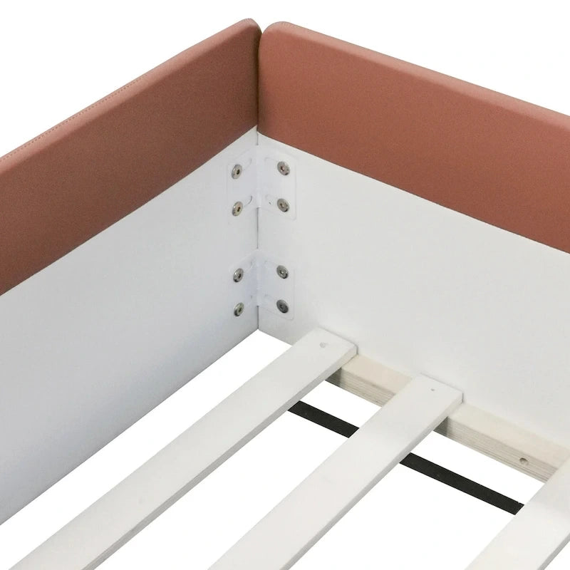 Kids Floor Bed with Fence, PU Upholstered Daybed Frame, Wood Slat Panel Bed w/ Small Stairs for Kids Girls Boys