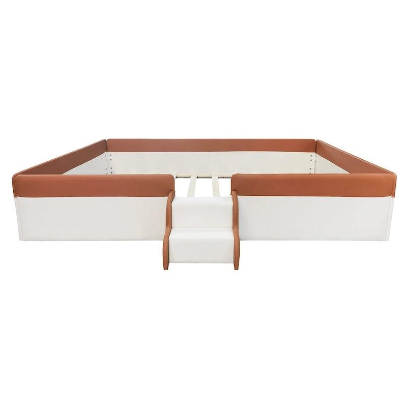Kids Floor Bed with Fence, PU Upholstered Daybed Frame, Wood Slat Panel Bed w/ Small Stairs for Kids Girls Boys