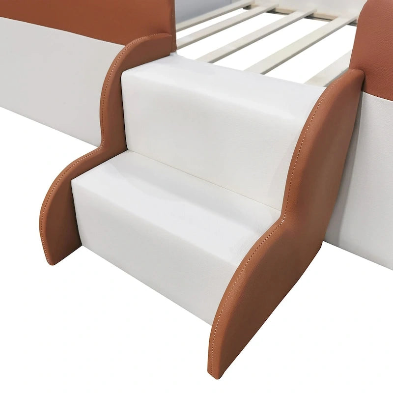 Kids Floor Bed with Fence, PU Upholstered Daybed Frame, Wood Slat Panel Bed w/ Small Stairs for Kids Girls Boys