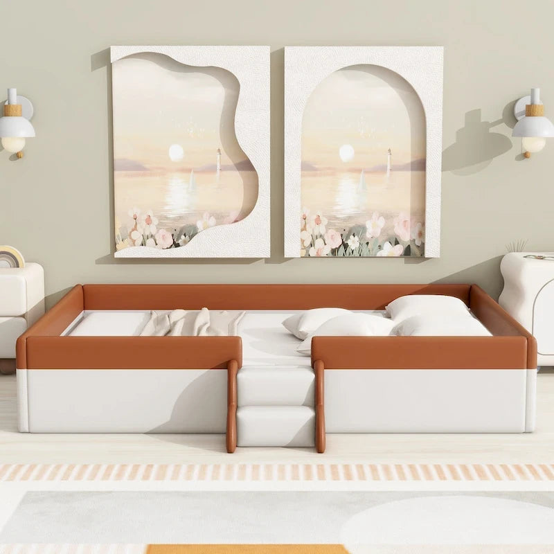 Kids Floor Bed with Fence, PU Upholstered Daybed Frame, Wood Slat Panel Bed w/ Small Stairs for Kids Girls Boys
