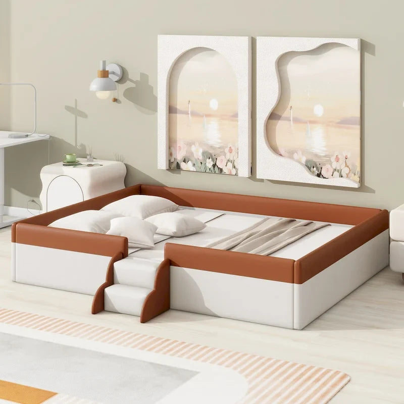 Kids Floor Bed with Fence, PU Upholstered Daybed Frame, Wood Slat Panel Bed w/ Small Stairs for Kids Girls Boys