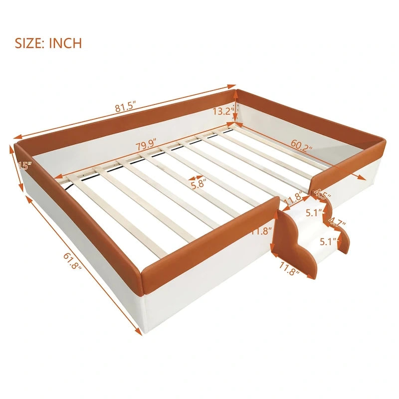 Kids Floor Bed with Fence, PU Upholstered Daybed Frame, Wood Slat Panel Bed w/ Small Stairs for Kids Girls Boys