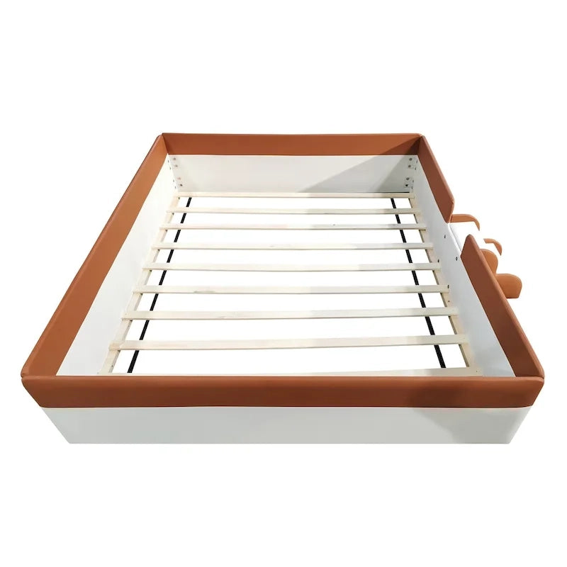 Kids Floor Bed with Fence, PU Upholstered Daybed Frame, Wood Slat Panel Bed w/ Small Stairs for Kids Girls Boys