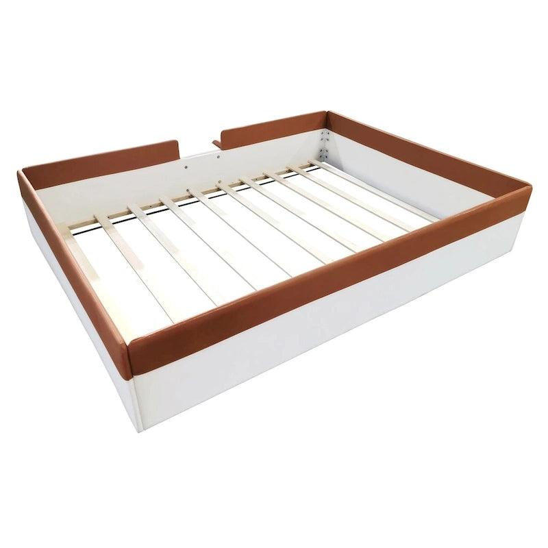 Kids Floor Bed with Fence, PU Upholstered Daybed Frame, Wood Slat Panel Bed w/ Small Stairs for Kids Girls Boys