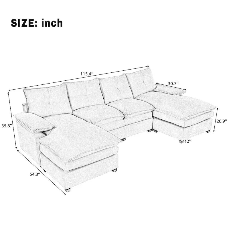 Modern Chenille U-shaped Sectional Sofa with Adjustable Armrest Pillows for Living Room