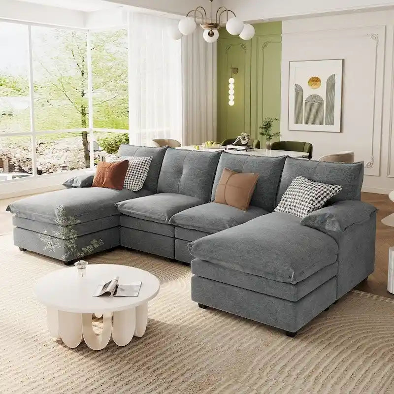 Modern Chenille U-shaped Sectional Sofa with Adjustable Armrest Pillows for Living Room