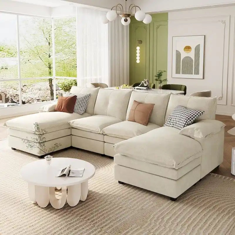 Modern Chenille U-shaped Sectional Sofa with Adjustable Armrest Pillows for Living Room