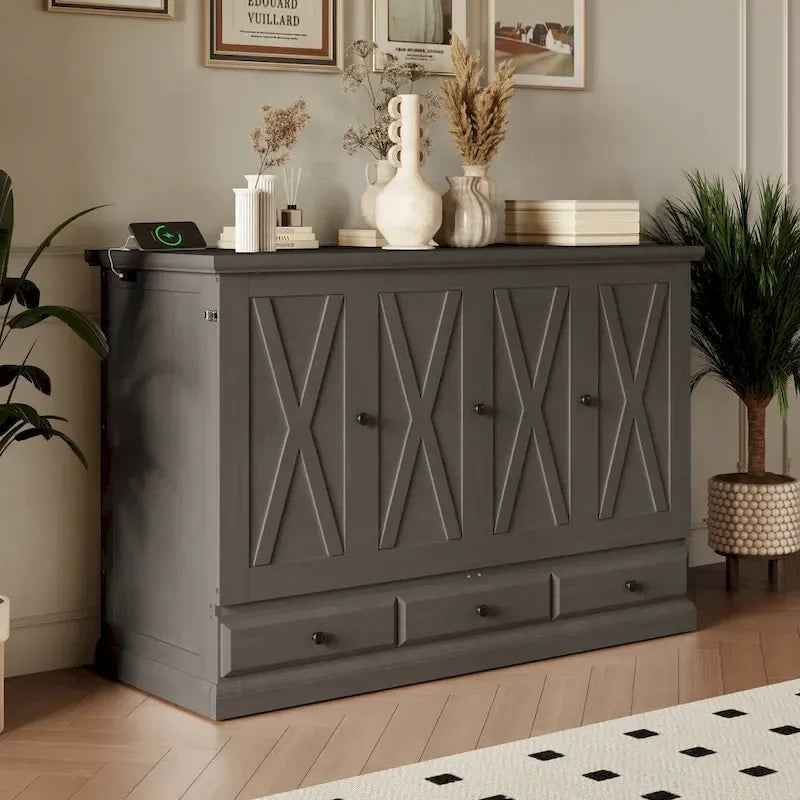 Solid Pine Wood Murphy Bed Chest Cube Cabinet Bed with Charging Station and Large Storage Drawer