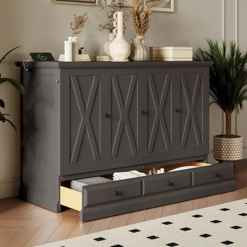 Solid Pine Wood Murphy Bed Chest Cube Cabinet Bed with Charging Station and Large Storage Drawer