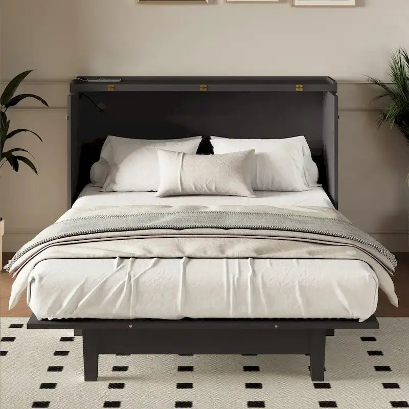 Solid Pine Wood Murphy Bed Chest Cube Cabinet Bed with Charging Station and Large Storage Drawer
