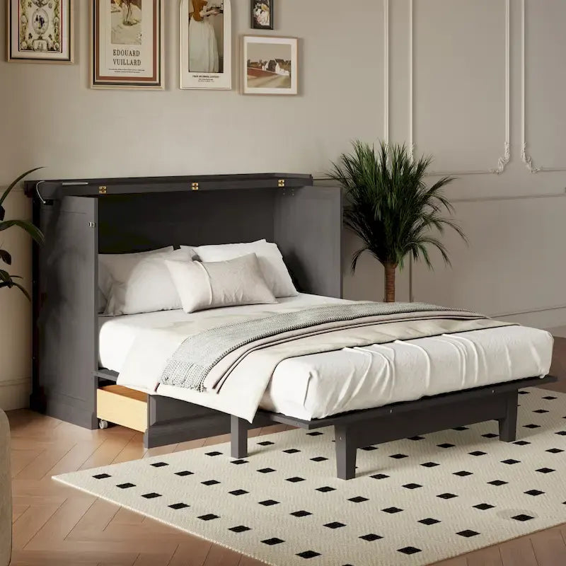 Solid Pine Wood Murphy Bed Chest Cube Cabinet Bed with Charging Station and Large Storage Drawer