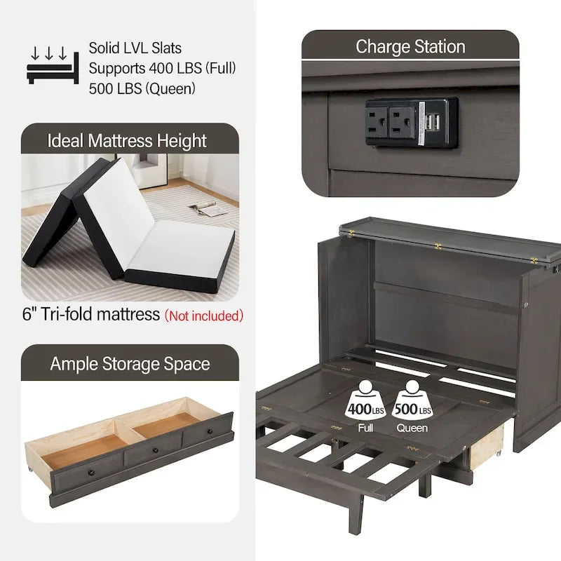 Solid Pine Wood Murphy Bed Chest Cube Cabinet Bed with Charging Station and Large Storage Drawer
