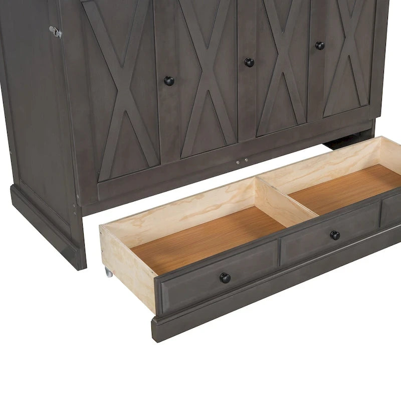 Solid Pine Wood Murphy Bed Chest Cube Cabinet Bed with Charging Station and Large Storage Drawer