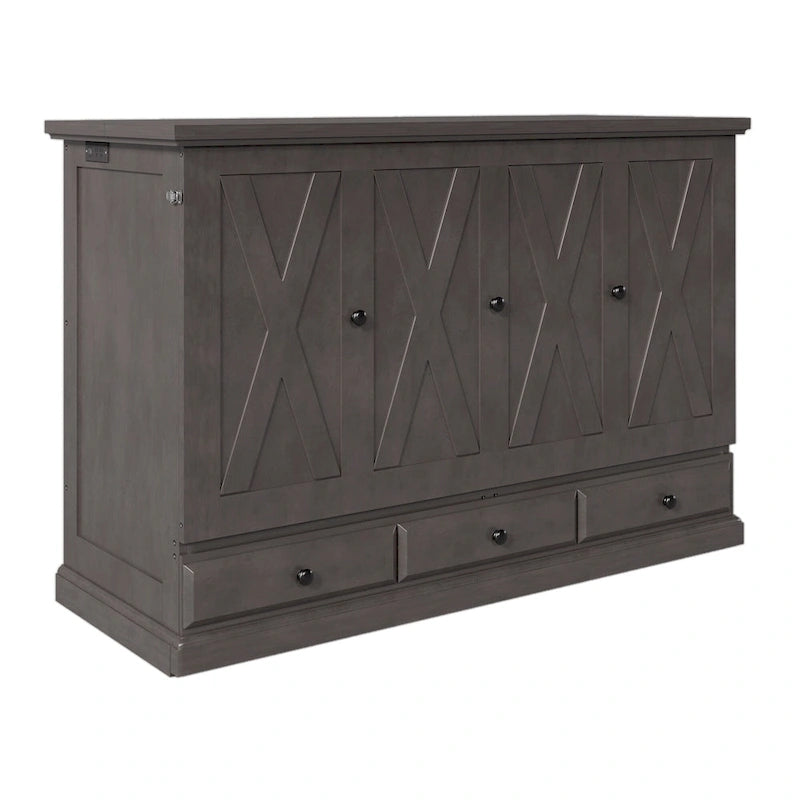 Solid Pine Wood Murphy Bed Chest Cube Cabinet Bed with Charging Station and Large Storage Drawer