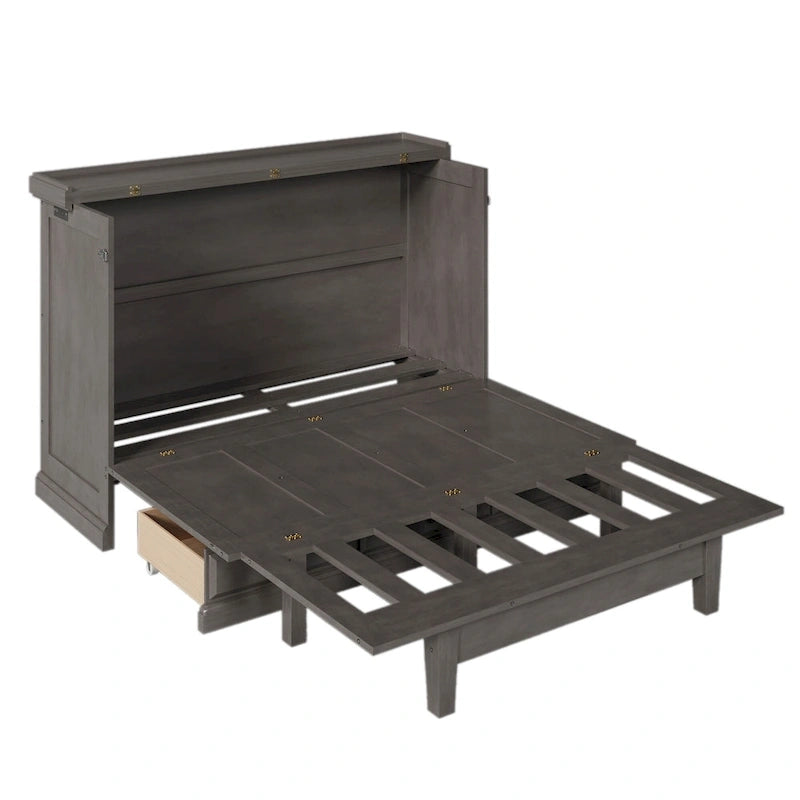 Solid Pine Wood Murphy Bed Chest Cube Cabinet Bed with Charging Station and Large Storage Drawer