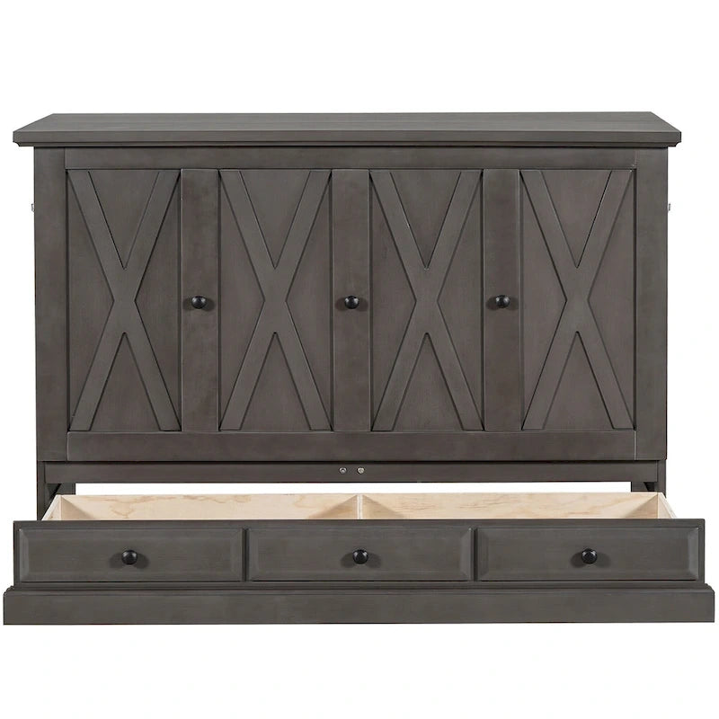 Solid Pine Wood Murphy Bed Chest Cube Cabinet Bed with Charging Station and Large Storage Drawer